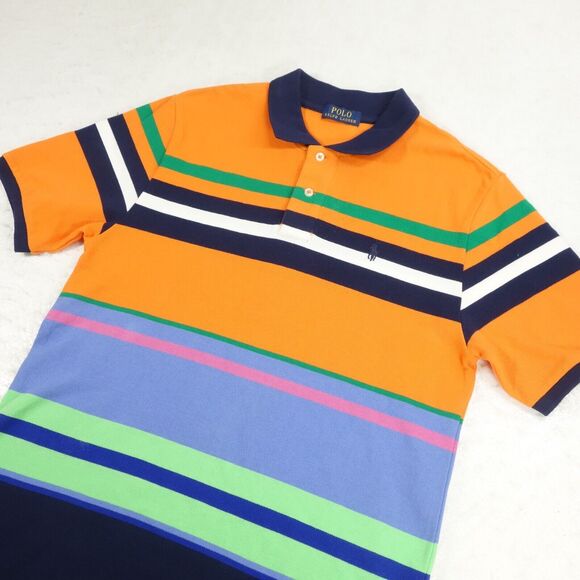 Polo Ralph Lauren Shirt Mens Medium Orange Blue Striped Kanye West Rap Y2K - Picture 1 of 11